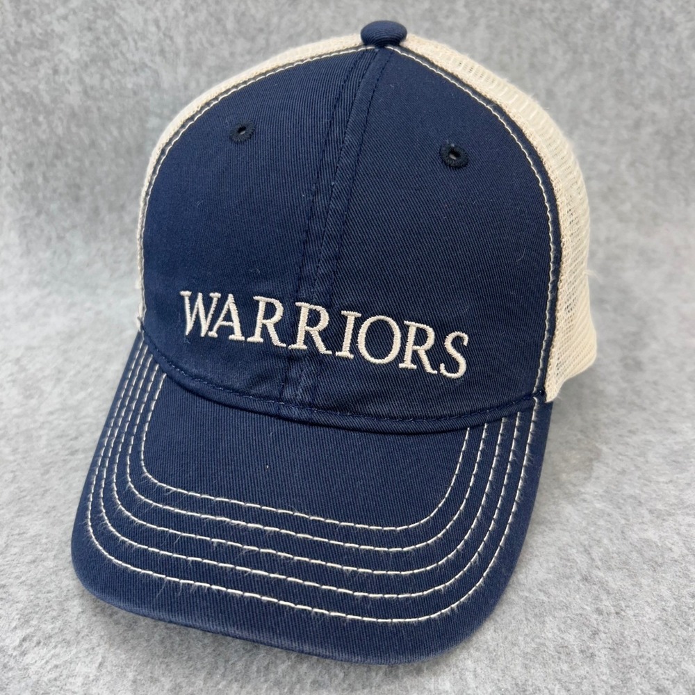 District Montana Trucker Hat Mens Navy Blue Tan Snapback Mesh Cap Distressed